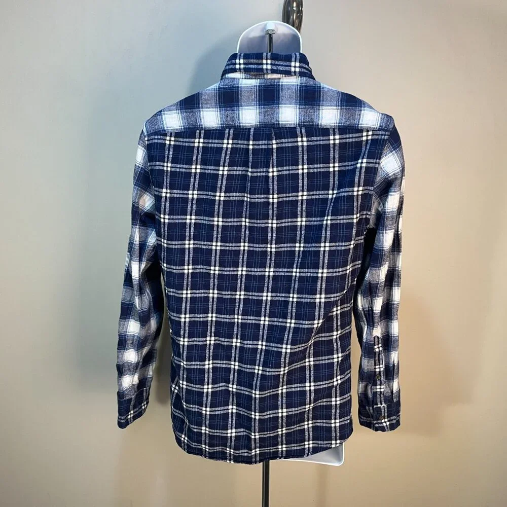 👔 J.Crew Men's Flannel Shirt S White Blue Block Print Long Sleeve EUC ✨